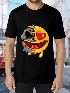 Black Short Sleeve Graphic Tee with Melting Heart Emoji